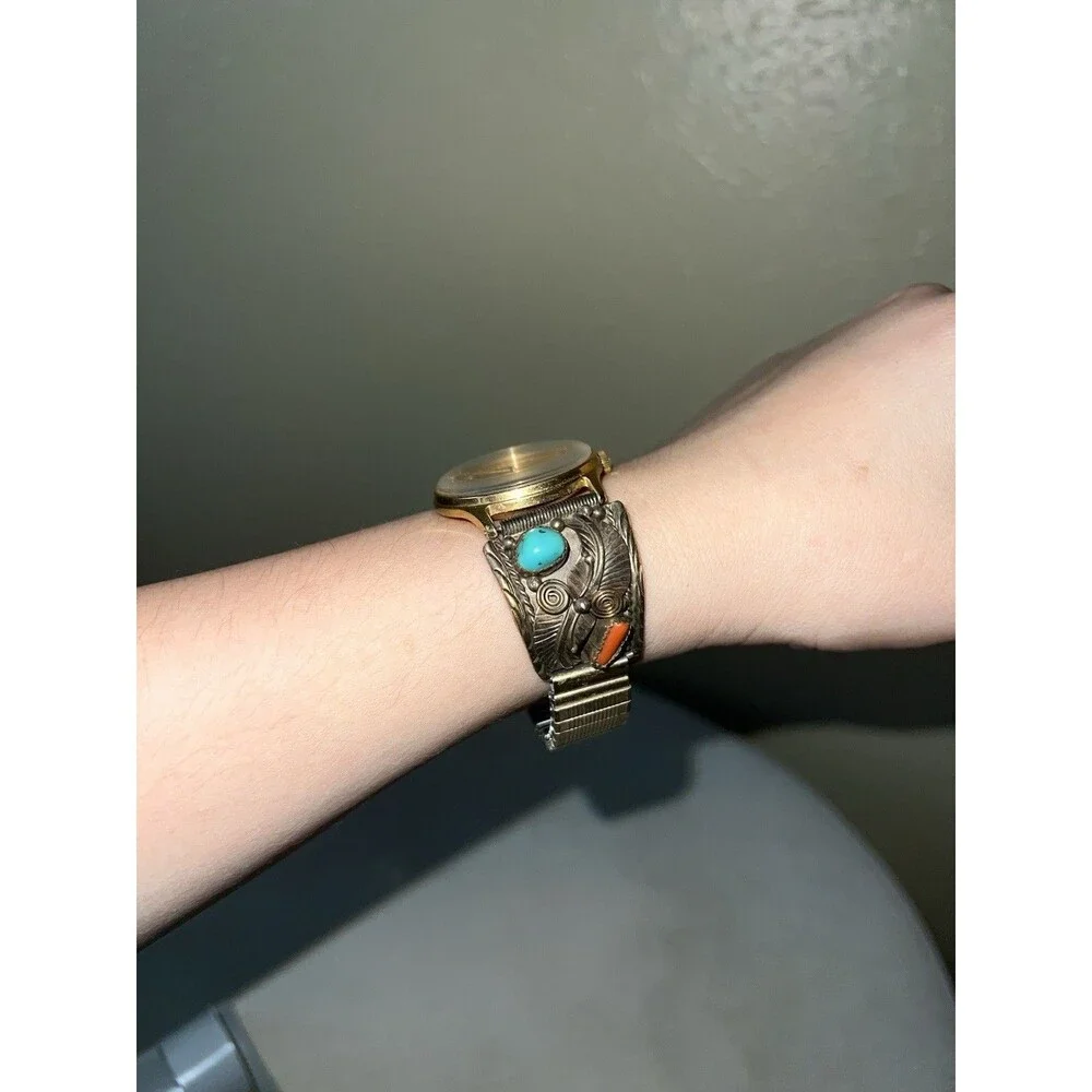 VTG TIMEX 12K TURQUOISE WATCH BAND FLORAL WATER RESISTANT BASE METAL BEZEL